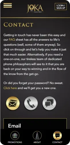 Joka Casino Contact Screen