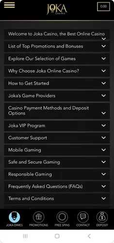 FAQ section in Joka Casino mobile app