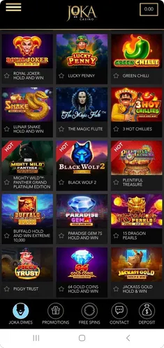 Game lobby with slot titles in Joka Casino