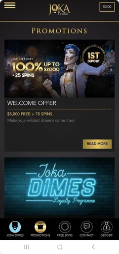 Main page of Joka Casino app